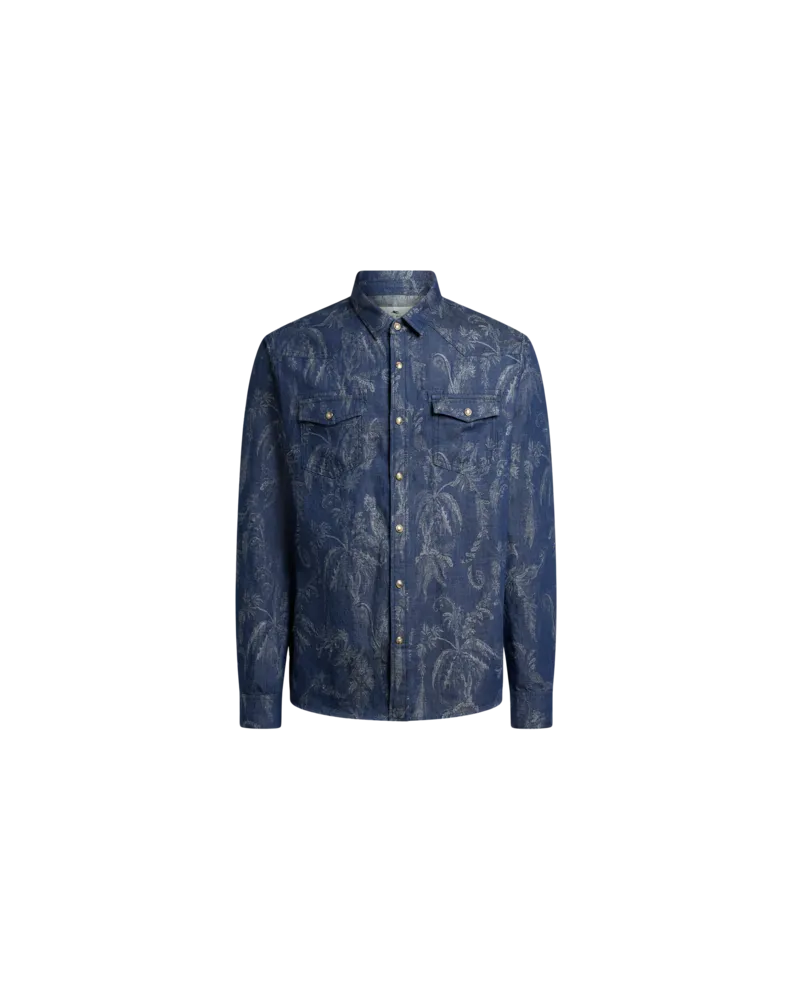 Etro Jacquard-hemd Aus Denim Aus Baumwolle Und Leinen Mit Papageien- Und Palmen-motiv, Herren, Blau, Größe Blau