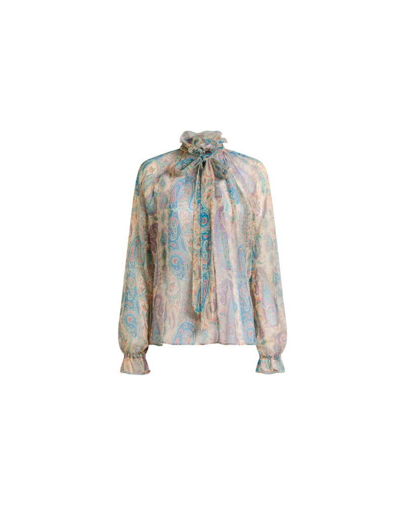 Etro Bluse Aus Seiden-crepon Mit Tuch Und Paisley-foliage-motiv, Damen, Hellblau, Größe Hellblau