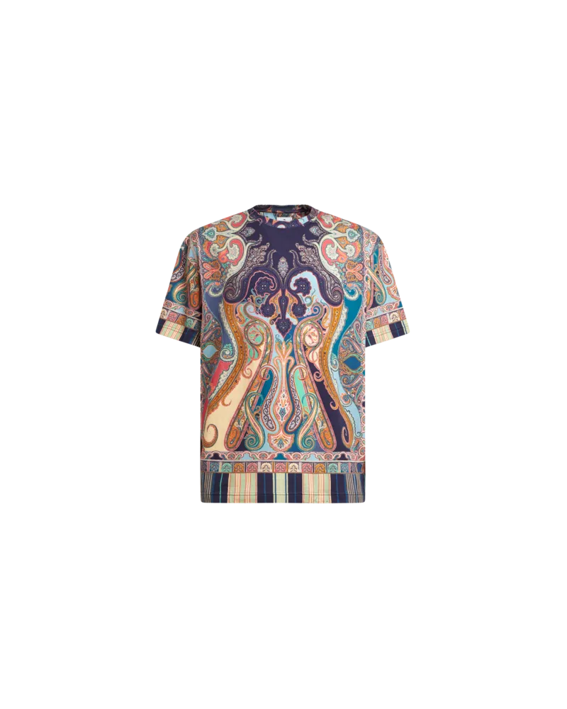 Etro T-shirt Aus Baumwolle Mit Mehrfarbigem Paisley-print, Herren, Navyblau, Größe Navyblau