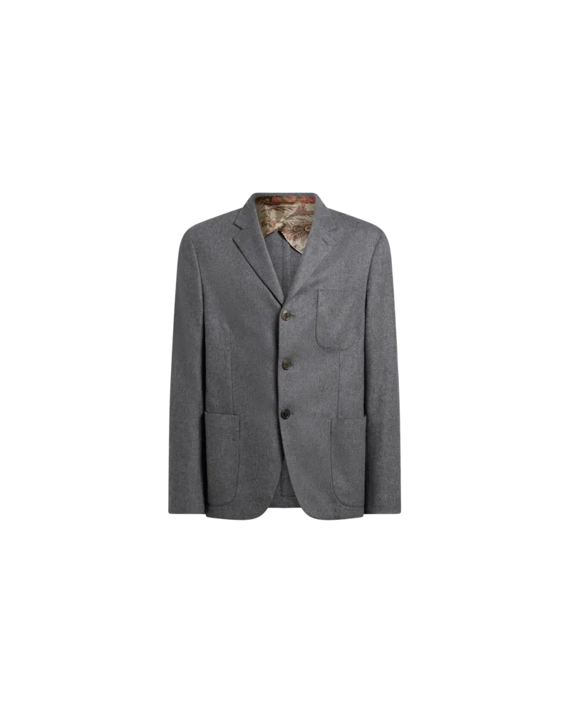 Etro Einreihige Jacke Aus Flanell Aus Einer Unifarbenen Wollmischung, Herren, Grau, Größe Grau