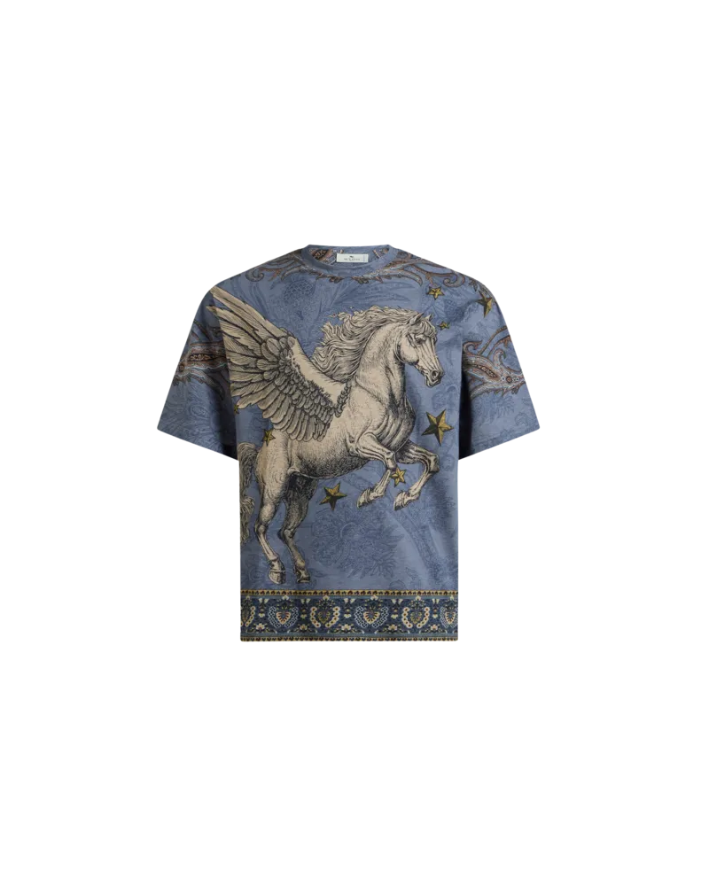 Etro T-shirt Aus Baumwolljersey Mit Platziertem Pegaso-print, Herren, Hellblau, Größe Hellblau
