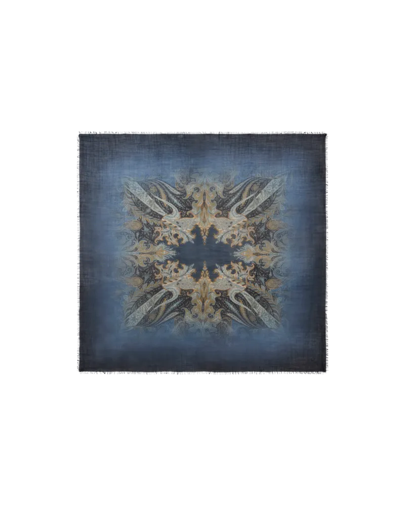 Etro Tuch Aus Wolle Und Seide Mit Floralem Paisley-motiv Im Farbverlauf, Herren, Blau Blau