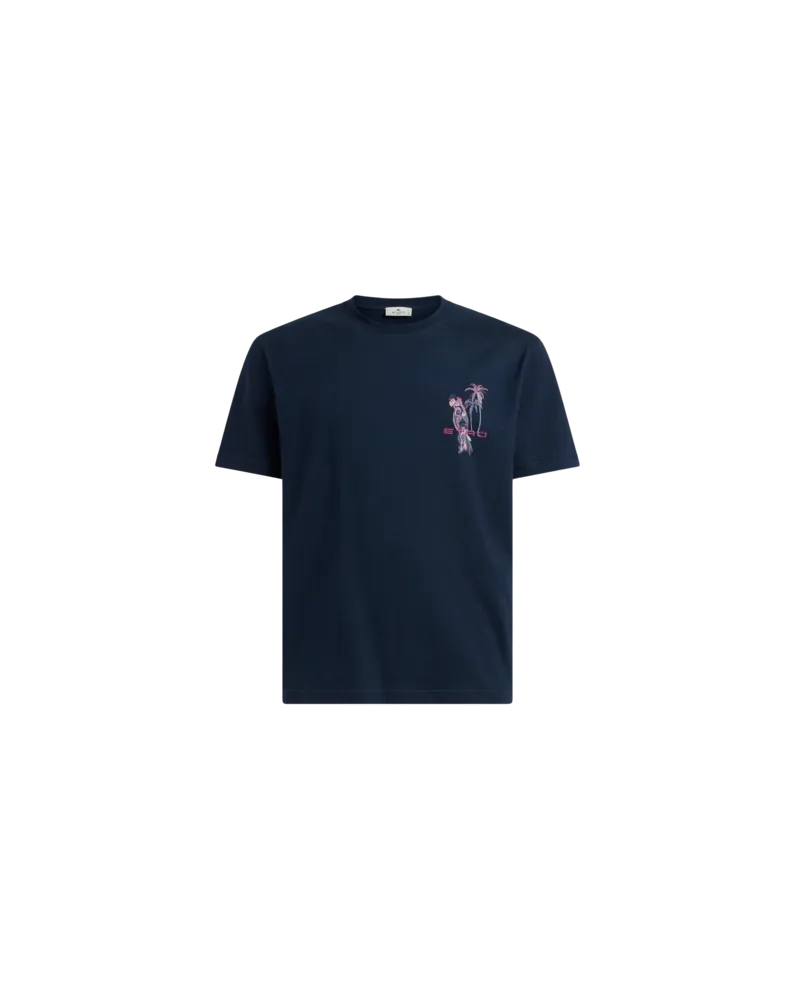 Etro T-shirt Aus Baumwolljersey Mit Papageien-stickerei, Herren, Blau, Größe Blau