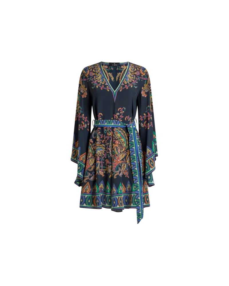 Etro Silk Mini Dress With Placed Floral Paisley Print And Belt, Damen, Blau, Größe Blau