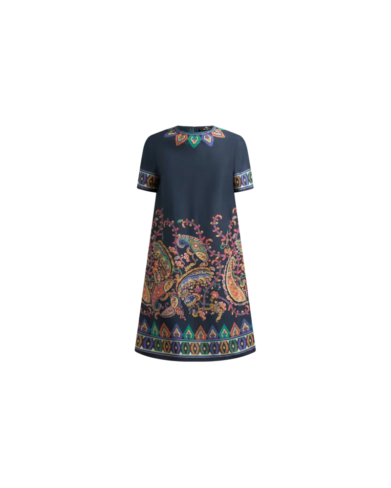 Etro Kurzes Kleid Aus Seide Mit Platziertem, Floralem Paisley-print, Damen, Blau, Größe Blau