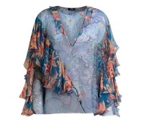 Bluse Aus Seide Mit Langen Ärmeln, Volant Und Floralem Motiv, Damen, Hellblau, Größe