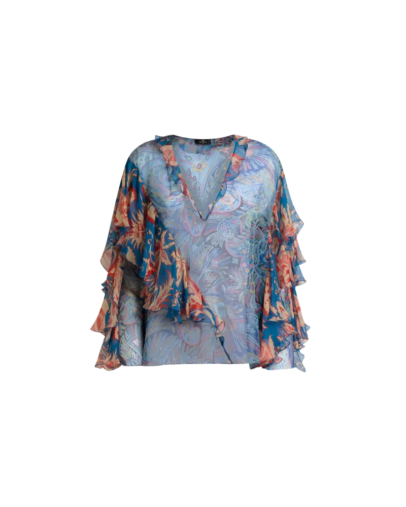 Etro Bluse Aus Seide Mit Langen Ärmeln, Volant Und Floralem Motiv, Damen, Hellblau, Größe Hellblau