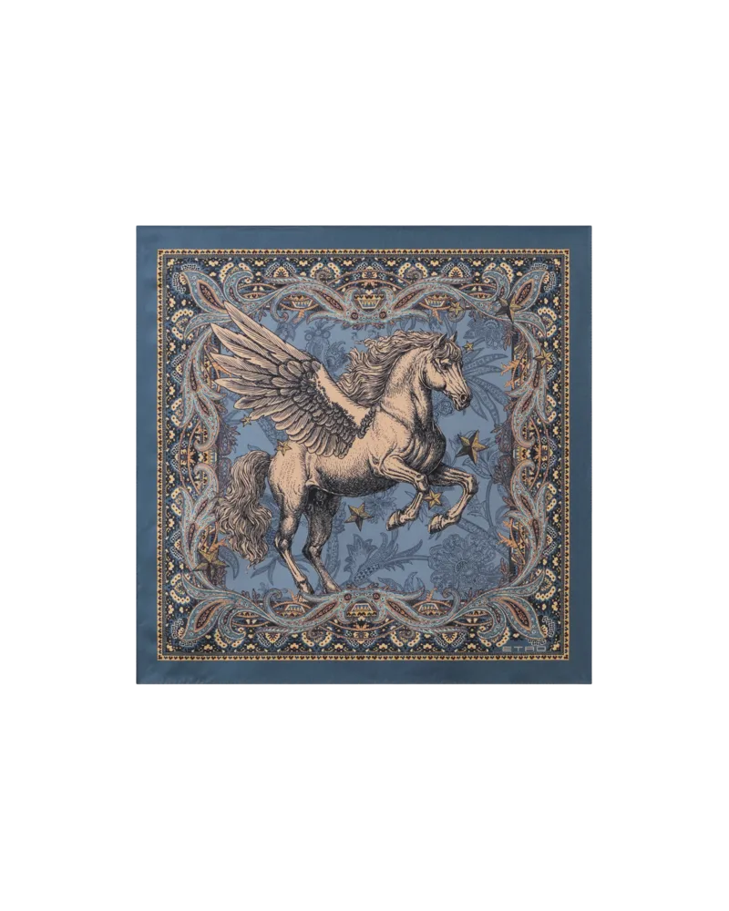 Etro Pochette Aus Seide Mit Platziertem Pegaso-print, Herren, Blau Blau