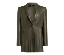 Einreihige Jacke Aus Leder Mit Fransen, Damen, Dunkelgrün, Größe