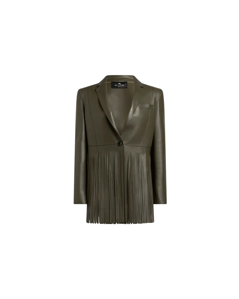 Etro Einreihige Jacke Aus Leder Mit Fransen, Damen, Dunkelgrün, Größe Dunkelgrün