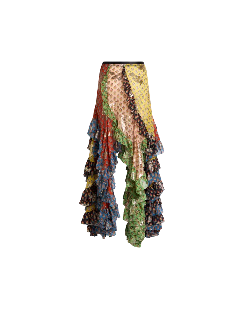 Etro Short Silk Skirt With Ruffle And Tie-inspired Motif, Damen, Multicolor, Größe Multicolor