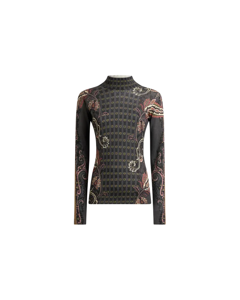 Etro Pullover Mit Hohem Kragen Aus Seide Und Kaschmir Mit Floralem Paisley-motiv, Damen, Schwarz, Größe Schwarz