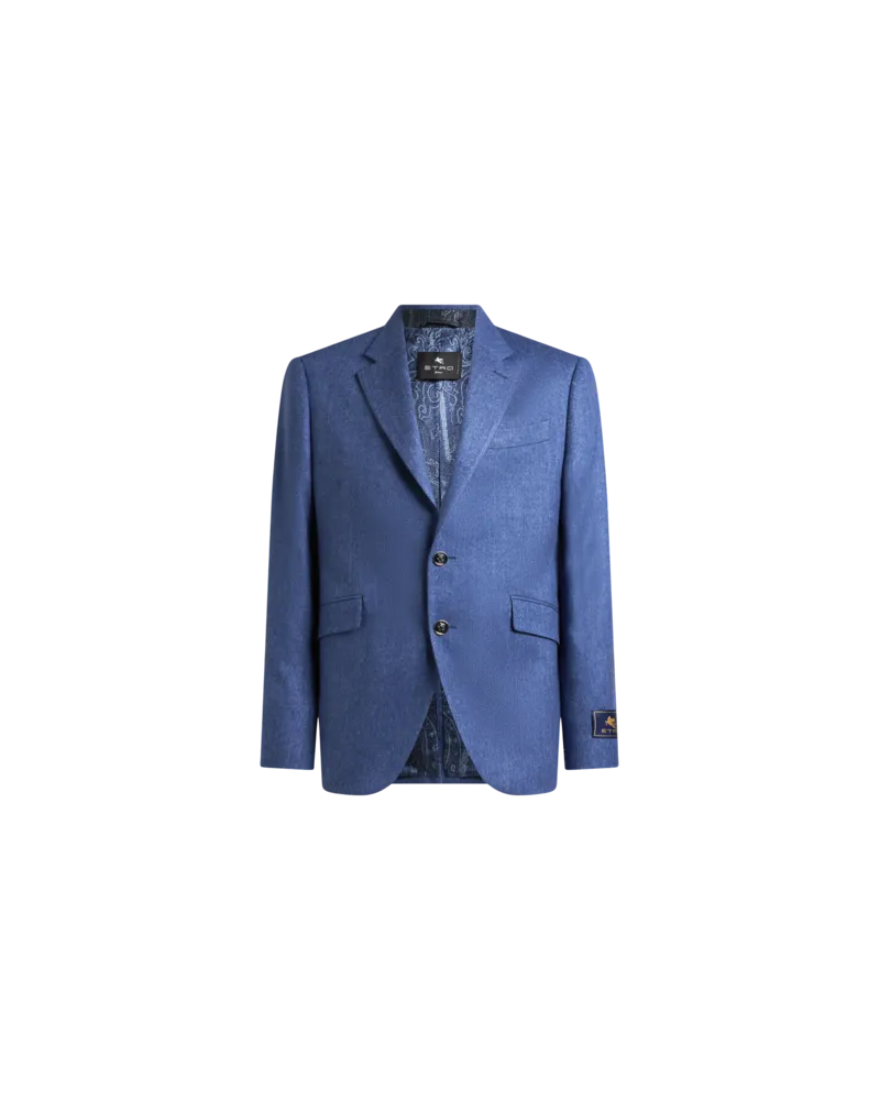 Etro Einreihige Jacke Aus Einer Wollmischung Mit Mikro-chevronmuster, Herren, Blau, Größe Blau