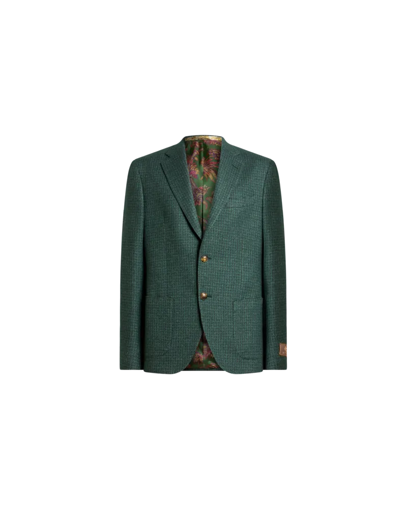 Etro Einreihige Jacke Aus Jersey Aus Seide Und Kaschmir Mit Hahnentrittmuster, Herren, Grün, Größe Grün
