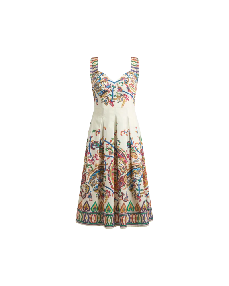 Etro Midikleid Aus Baumwolle Mit Platziertem, Floralem Paisley-print, Damen, Weiß, Größe Weiß