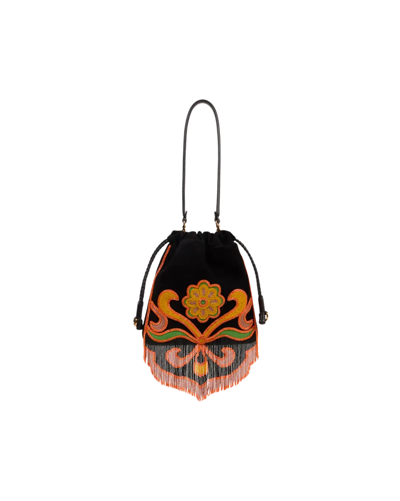 Etro Kleine Tasche Kalispera Aus Veloursleder Mit Perlen Und Fransen, Damen, Schwarz Schwarz