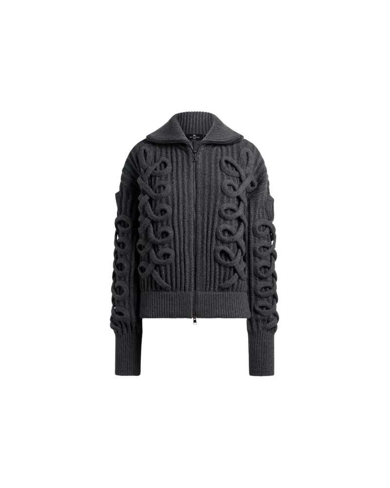 Etro Gerippter Cardigan Aus Einer Wollmischung Mit Reissverschluss Und Zopfmuster, Damen, Grau, Größe Grau