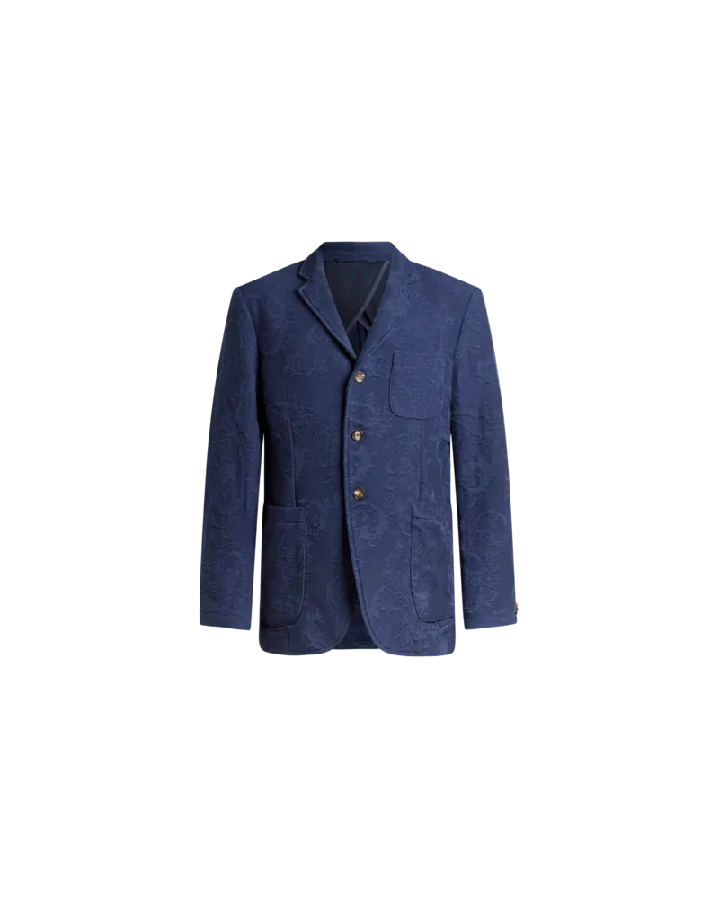 Etro Knit Single-breasted Cotton Jacquard Jacket With Leafy Motif, Herren, Blau, Größe Blau