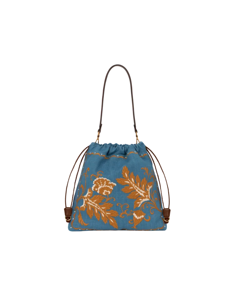 Etro Mittelgrosse Tasche Kalispera Aus Einer Leinenmischung Mit Stickerei, Damen, Hellblau Hellblau