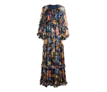 Langes Kleid Aus Seide Mit Rüschen Und Floralem Motiv, Damen, Blau, Größe