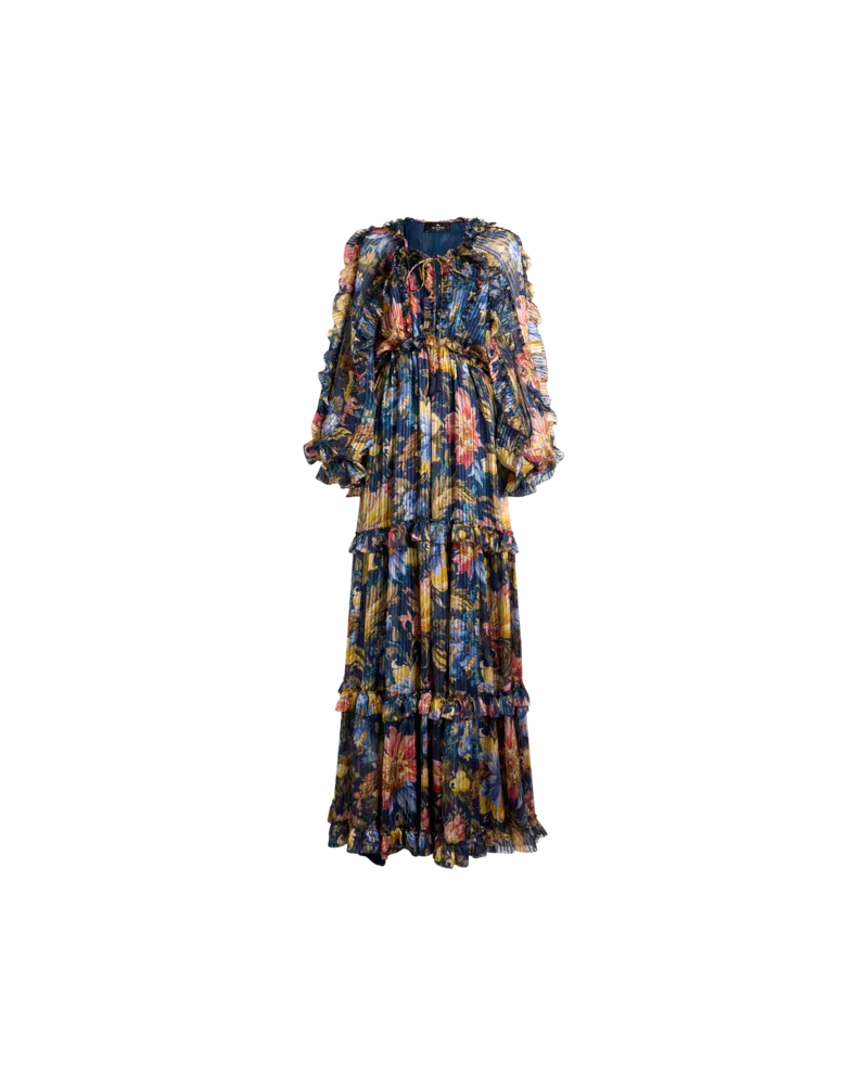 Etro Langes Kleid Aus Seide Mit Rüschen Und Floralem Motiv, Damen, Blau, Größe Blau