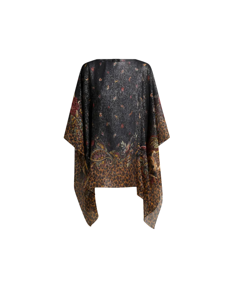Etro Poncho-top Aus Seide Mit Floralen Paisleys Und Gestreiftem Animal-motiv, Damen, Schwarz Schwarz