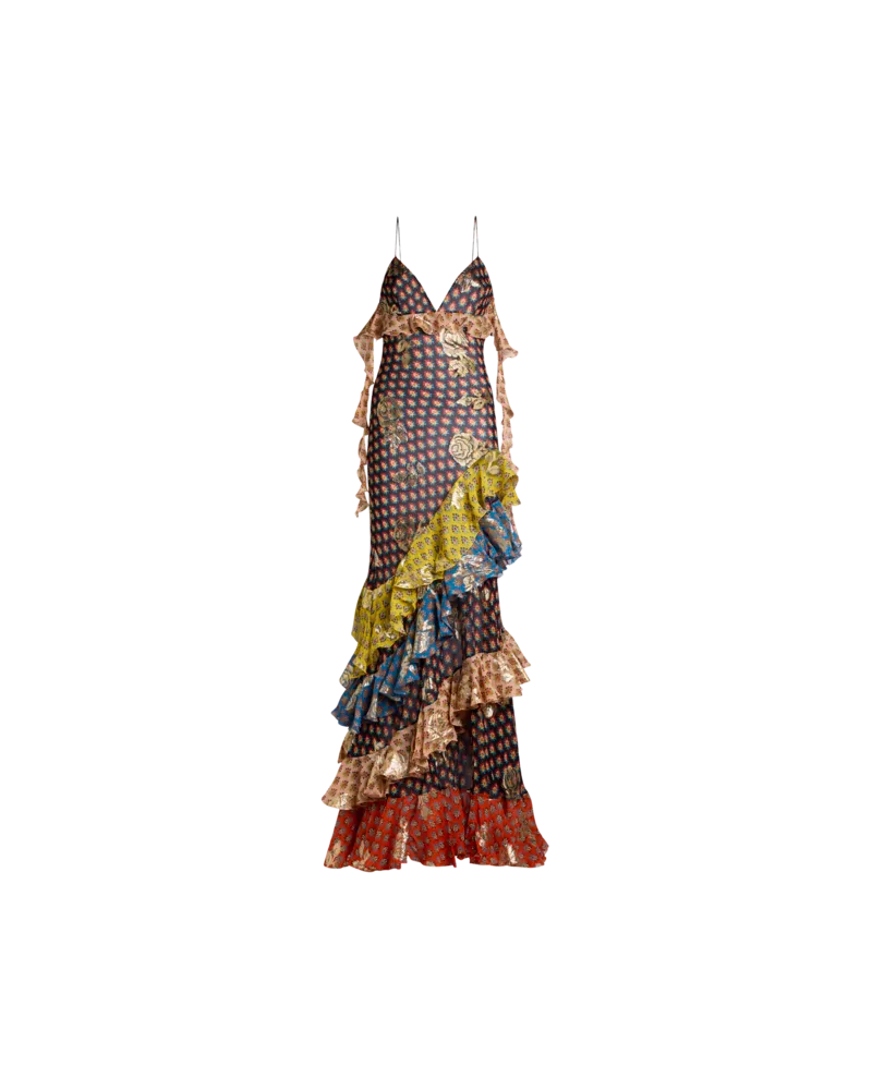 Etro Langes Kleid Aus Seide Mit Fil-coupé-rosen Und Krawattenmotiv, Damen, Multicolor, Größe Multicolor