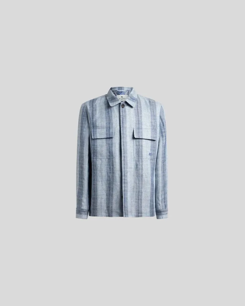Etro Gestreifte Hemdjacke Aus Leinen Mit Pegaso-stickerei, Herren, Hellblau, Größe Hellblau
