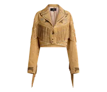 Cropped Jacke Aus Leder Mit Nieten Und Fransen, Damen, Beige, Größe
