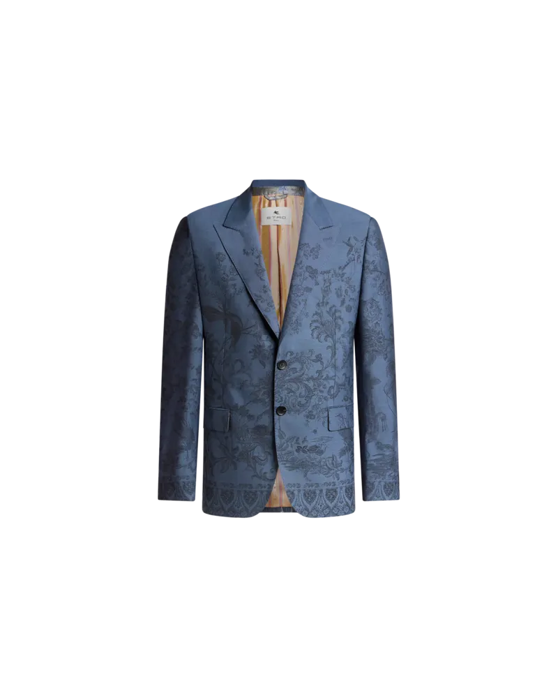 Etro Einreihige Jacquard-jacke Aus Wolle Mit Motiv Flora Und Fauna, Herren, Blau, Größe Blau