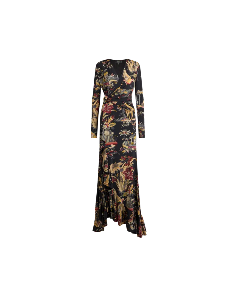 Etro Langes Wickelkleid Aus Jersey Mit Blumen- Und Tiermotiv, Damen, Schwarz, Größe Schwarz