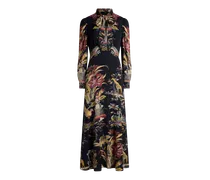 Langes Kleid Mit Foulard Und Platziertem Blumen- Und Animal-print, Damen, Schwarz, Größe