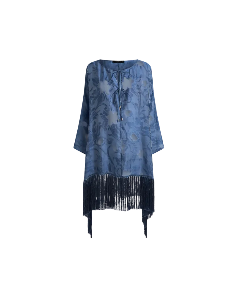 Etro Jacquard-kaftan Aus Seide Mit Fransen Und Floralem Fil-coupé-motiv, Damen, Blau Blau