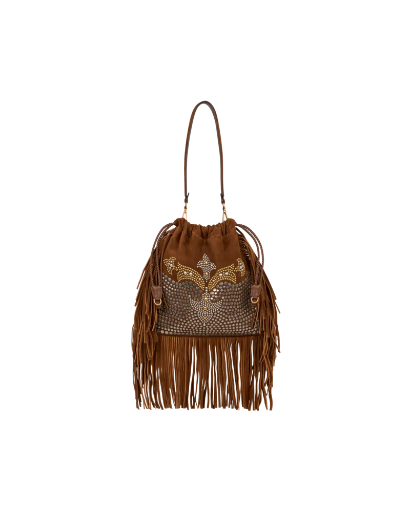 Etro Mittelgrosse Tasche Kalispera Aus Veloursleder Mit Nieten Und Fransen, Damen, Braun Braun