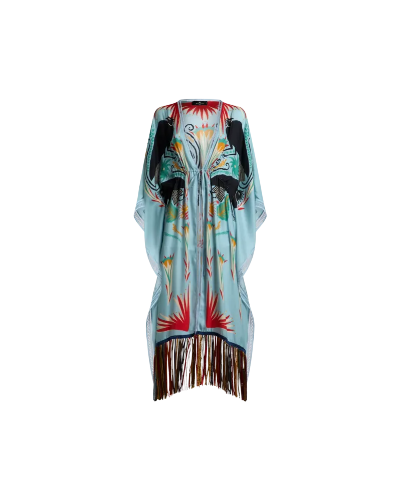 Etro Kaftan Aus Seide Mit Fransen Und Platziertem Print Etro X Tabby Booth, Damen, Hellblau Hellblau