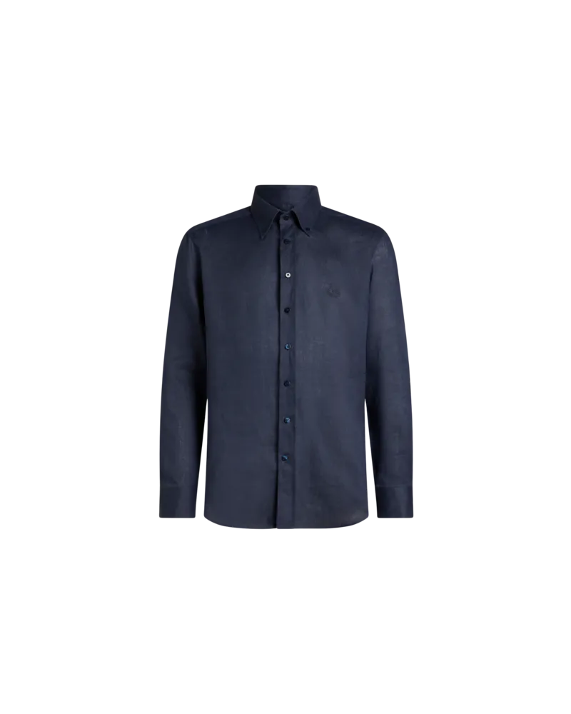 Etro Leinenhemd Mit Pegaso-stickerei, Herren, Blau, Größe Blau