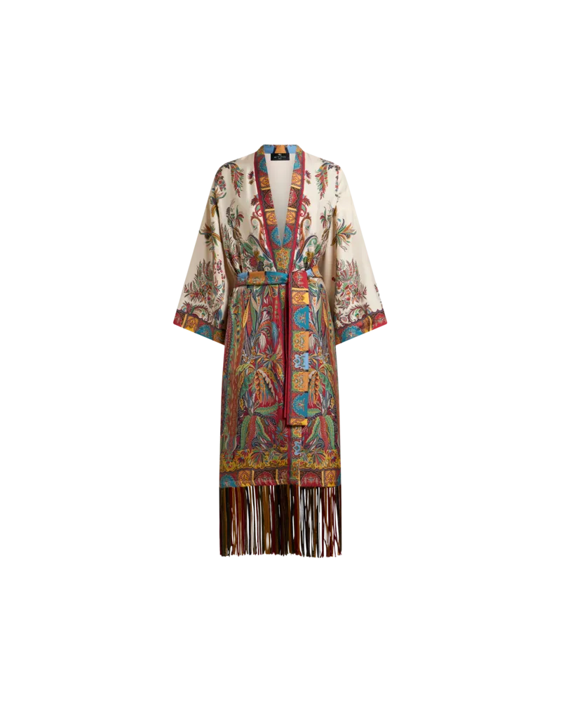 Etro Staubmantel Aus Seide Mit Fransen Und Platziertem Paisley-foliage-print, Damen, Beige, Größe Beige