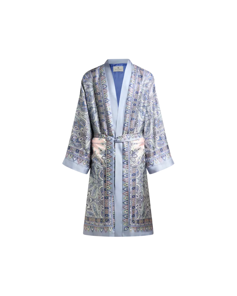Etro Morgenmantel Aus Seide Mit Platziertem Paisley-pochette-print, Hellblau, Größe Hellblau