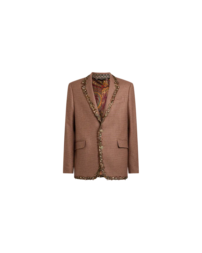 Etro Einreihige Jacke Aus Wolle Und Kaschmir Mit Federn Und Mikro-hahnentrittmuster, Herren, Rot, Größe Rot