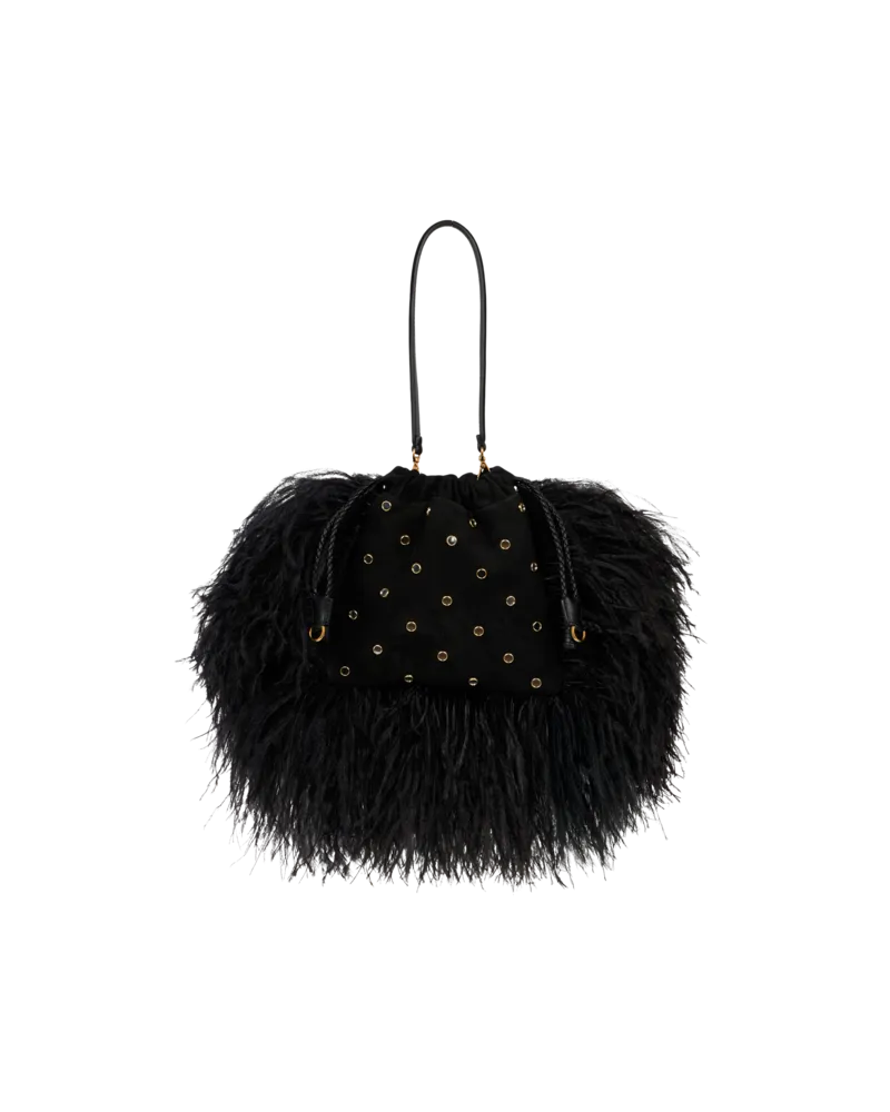 Etro Kleine Tasche Kalispera Aus Veloursleder Mit Schmucknieten Und Straußenfedern, Damen, Schwarz Schwarz