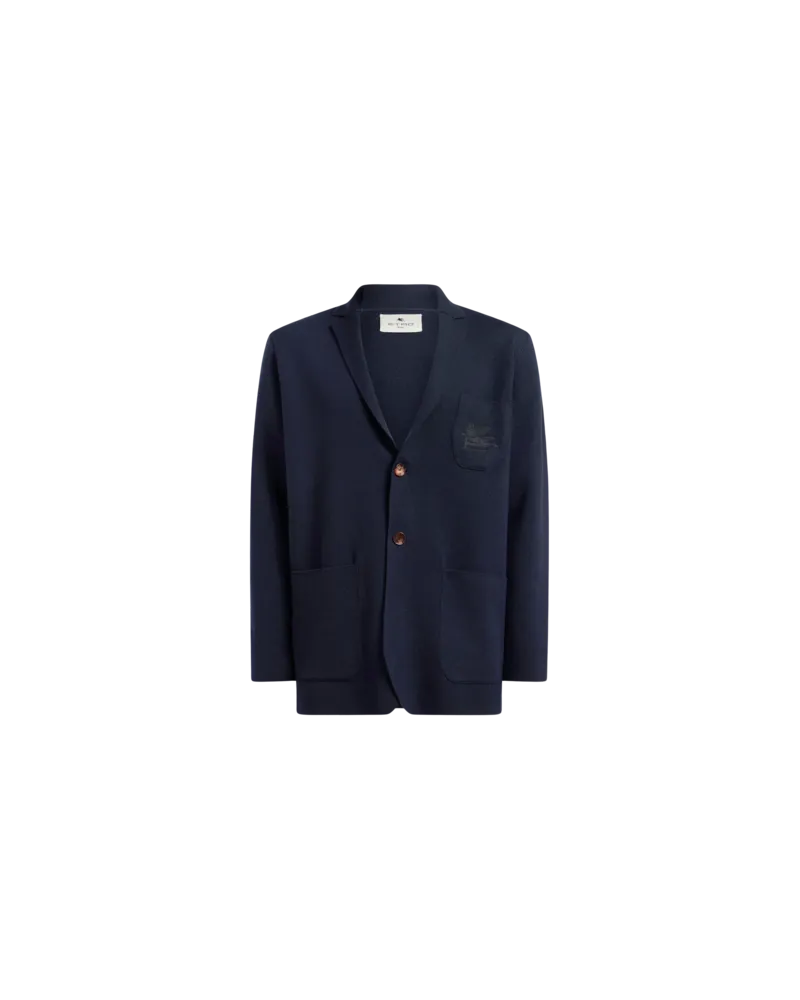 Etro Einreihige Jacke Aus Wolle Mit Gesticktem Logo, Herren, Blau, Größe Blau