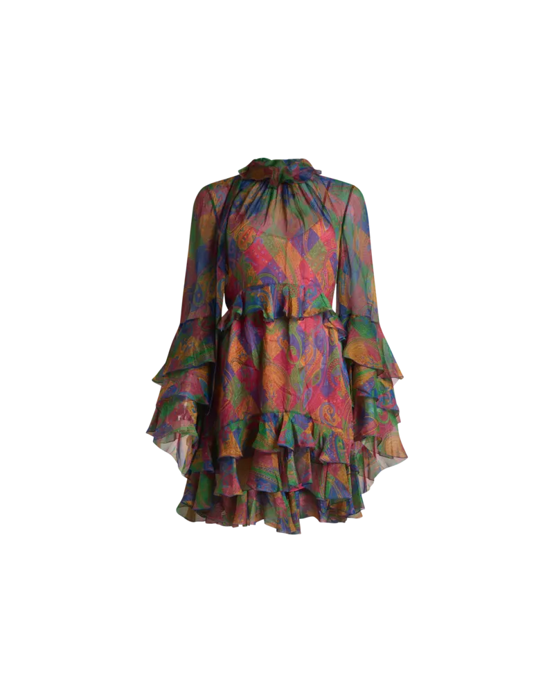 Etro Kurzes Kleid Aus Seide Mit Volant Und Geometrischem Paisley-motiv, Damen, Größe 