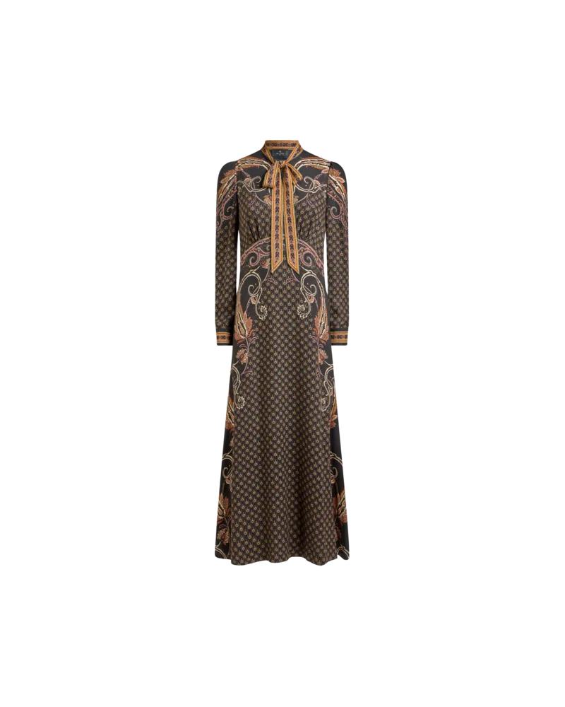Etro Long Sable Dress With Silk Scarf And Placed Print, Damen, Braun, Größe Braun