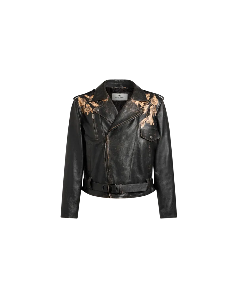 Etro Bikerjacke Aus Leder Mit Platziertem Leoparden-print, Herren, Schwarz, Größe Schwarz