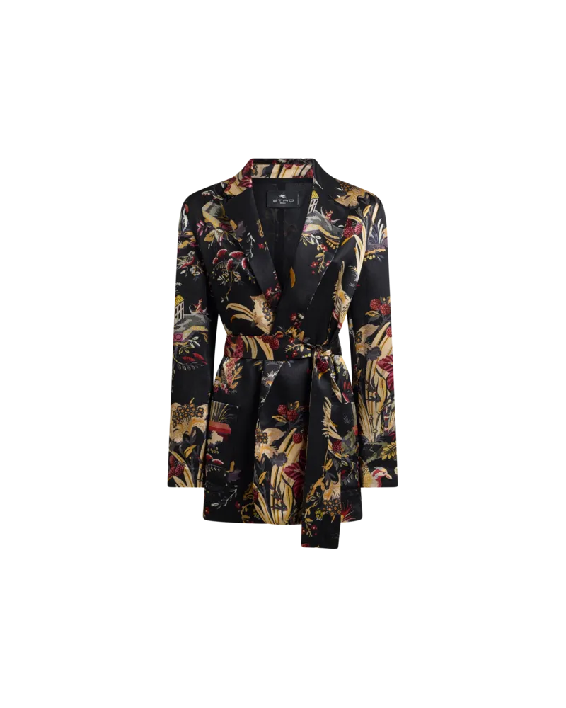 Etro Jacke Aus Envers-satin Mit Gürtel Und Blumen-animal-motiv, Damen, Schwarz, Größe Schwarz
