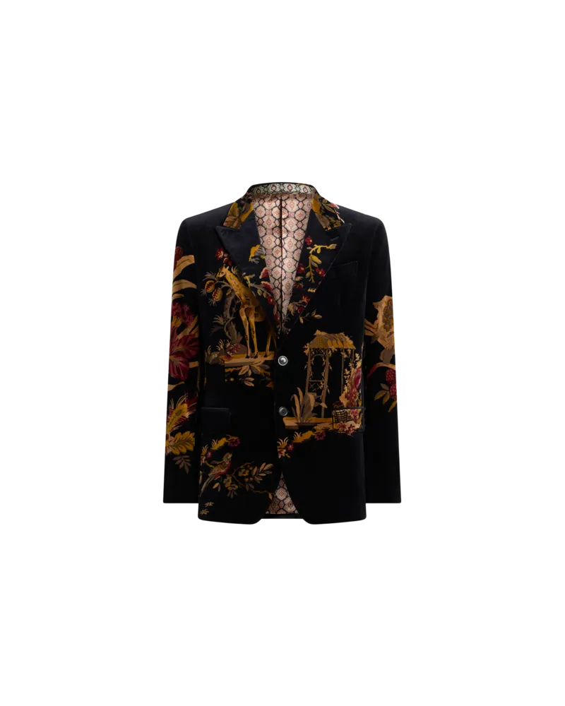 Etro Einreihige Jacke Aus Baumwollsamt Mit Platziertem Blumen-animal-print, Herren, Schwarz, Größe Schwarz