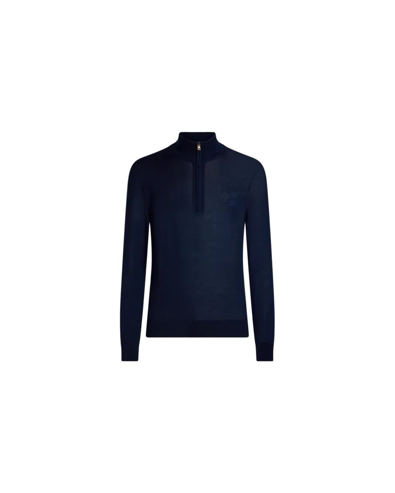 Etro Pullover Aus Wolle Und Seide Mit Reissvershluss Und Pegaso-stickerei, Herren, Blau, Größe Blau