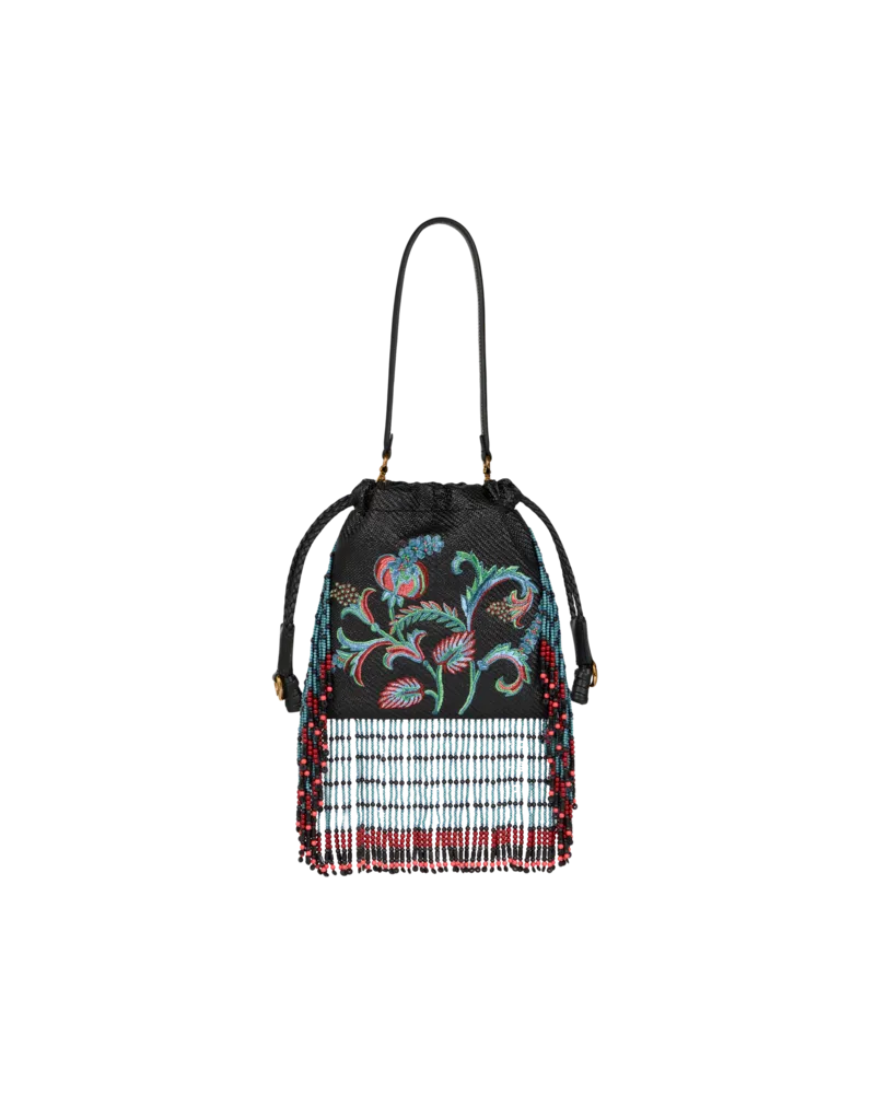 Etro Tasche Kalispera Klein Aus Bast Mit Stickerei Und Fransen, Damen, Schwarz Schwarz