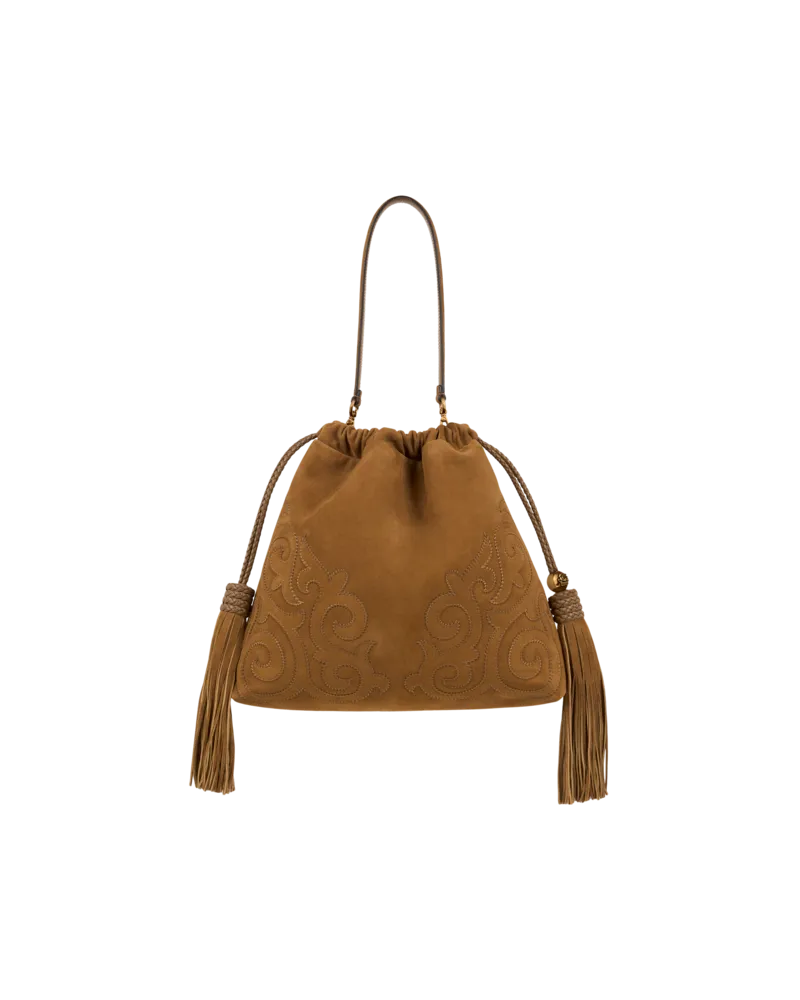 Etro Mittelgrosse Tasche Kalispera Aus Veloursleder Mit Patch Und Quasten, Damen, Kamel Kamel