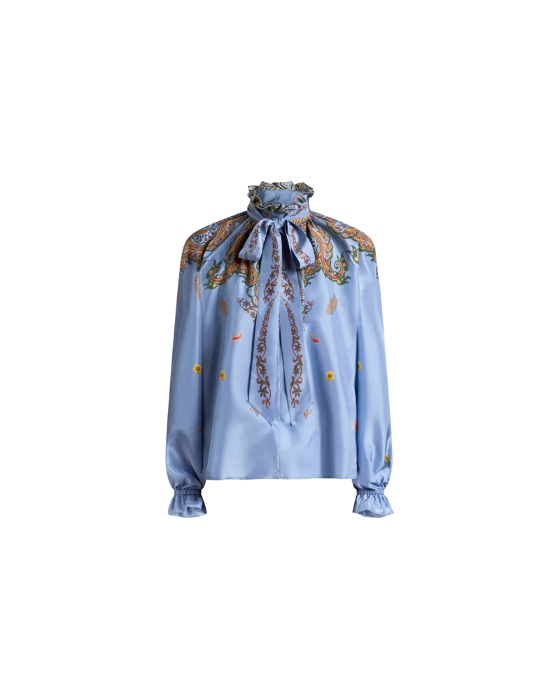 Etro Bluse Aus Seide Mit Foulard Und Platziertem, Floralem Paisley-print, Damen, Hellblau, Größe Hellblau